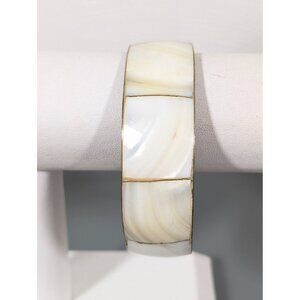 Vintage Brass White Shell Inlay Bangle Bracelet Beachy Tribal Coastal 8.5"‎